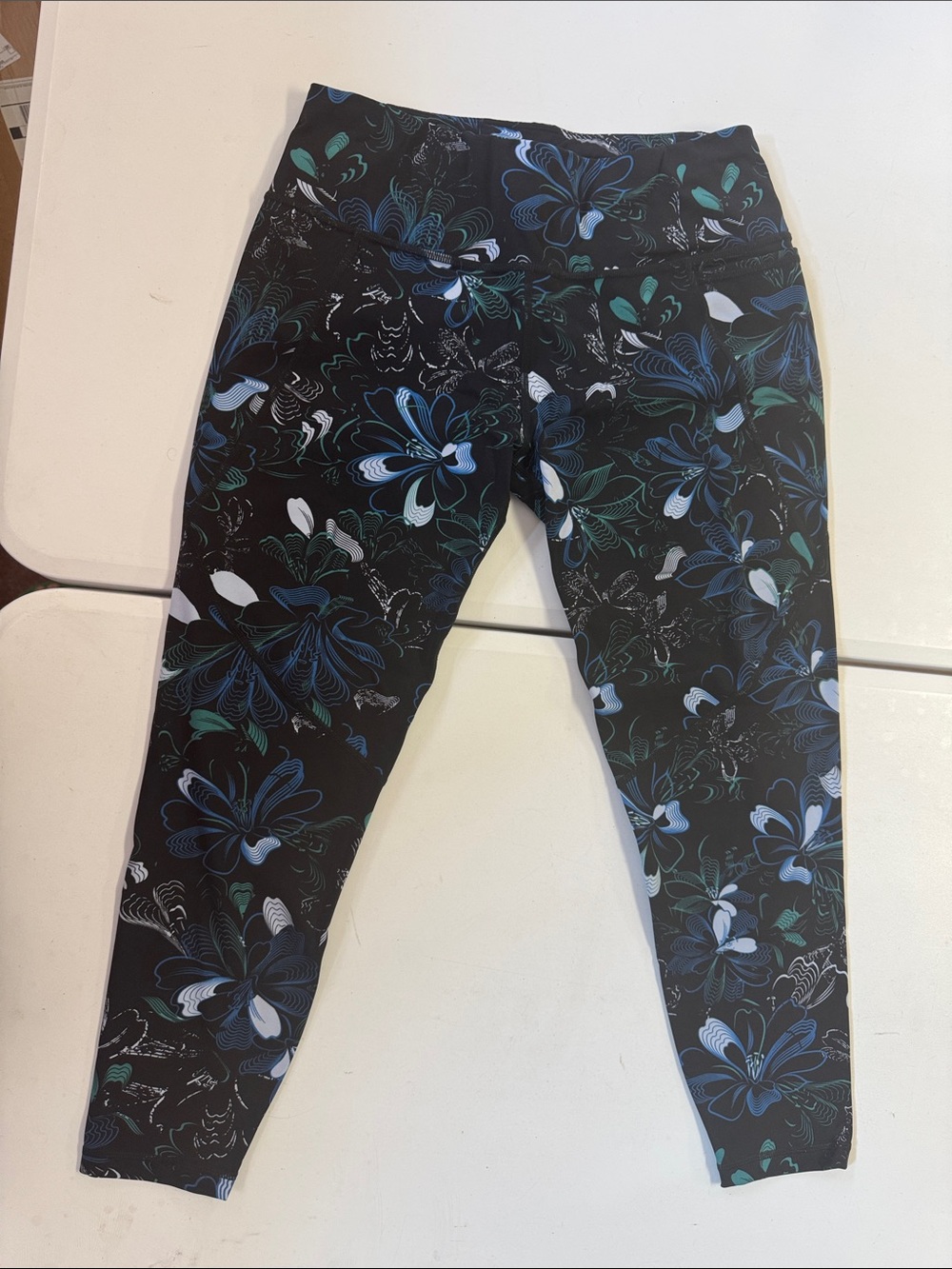 Sweaty Betty Black Leggings with Blue, Teal & White Floral Print